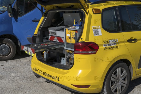 ADAC Strassenwacht vehicle in a parking lot, open trunk with tools, Lenggries, Upper Bavaria, Bavaria, Germany