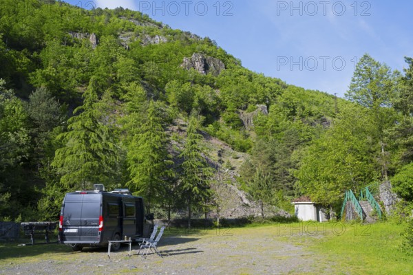 Motorhome is parked on an area in a mountainous and wooded area, free-standing near Purtio, Autonomous Republic of Adjara, Adjaria, Lesser Caucasus, Georgia