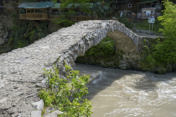 Historic stone bridge crosses bubbling river in forest, Makhuntseti stone arch bridge, Adjaristskali river, Adjara, Adjaria, Lesser Caucasus, Georgia