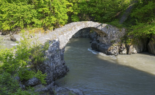 Old stone bridge spanning river in a green forest area in sunshine, Purtio stone arch bridge, Adjaristskali river, Adjara, Adjaria, Lesser Caucasus, Georgia, Asia