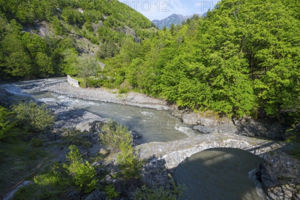 A clear river flows under an old stone bridge through a green, wooded valley with mountains in the background, Purtio stone arch bridge, Adjaristskali river, Adjara, Adjaria, Lesser Caucasus, Georgia
