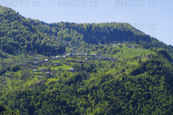 Mountain landscape with green meadows and forests, small villages scattered along the hills in a quiet atmosphere, view from Khulo to Tago, Chulo, Autonomous Republic of Adjara, Adjaria, Lesser Caucasus, Georgia, AsiaMountain landscape with green meadows and forests