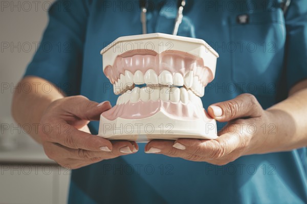 Dentist holds in his hands, dental model of teeth, in the clinic, natural light