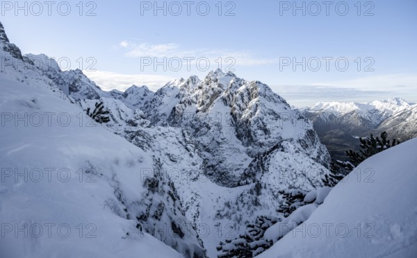 View of snowy Waxenstein, view from Längenfelderkopf in winter, Wetterstein Mountains, Garmisch-Partenkirchen, Bavaria, Germany