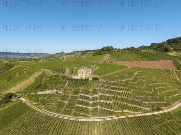 A stone house perches over terraced vineyards under a sunny sky, Y-Burg, Stetten im Remstal, Baden-Württemberg, Germany