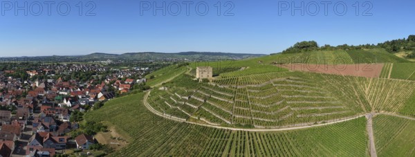 View of vineyards and a village in the hills with a central stone house, Y-Burg, Stetten im Remstal, Baden-Württemberg, Germany