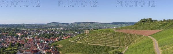 Wide view of a village and its surrounding hilly vineyards, Y-Burg, Stetten im Remstal, Baden-Württemberg, Germany