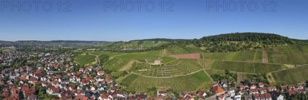 Wide panoramic view of a village and surrounding vineyards, Y-Burg, Stetten im Remstal, Baden-Württemberg, Germany