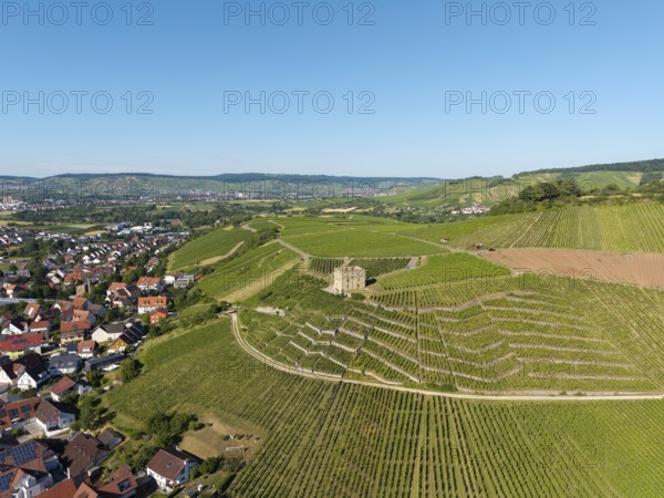 Large vineyards with a small building on a hill, Y-Burg, Stetten im Remstal, Baden-Württemberg, Germany