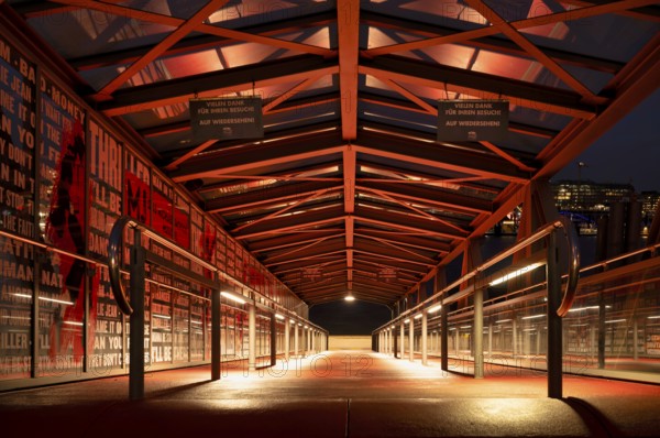 Night shot, covered pier harbour ferry, stage theater, musical, Free and Hanseatic City of Hamburg, Germany