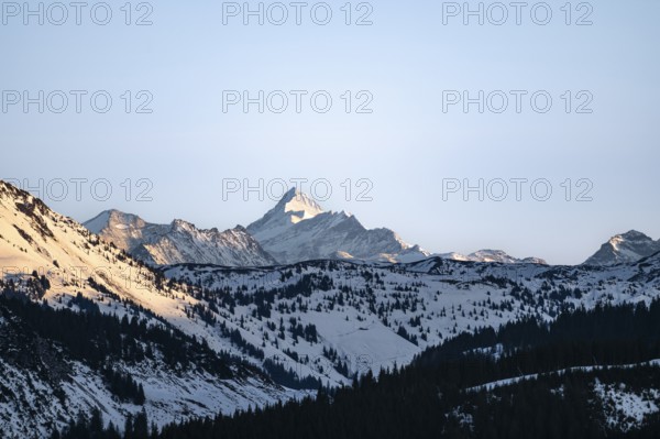 Summit of Grossglockner in evening light in winter, Hochbrixen, Brixen im Thale, Tyrol, Austria
