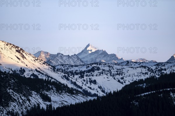Summit of Grossglockner in winter in evening light, view from the Hohe Salve, Tyrol, Austria