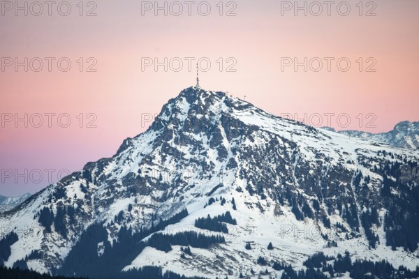 Kitzbühler Horn summit at sunset in winter, Hochbrixen, Brixen im Thale, Tyrol, Austria