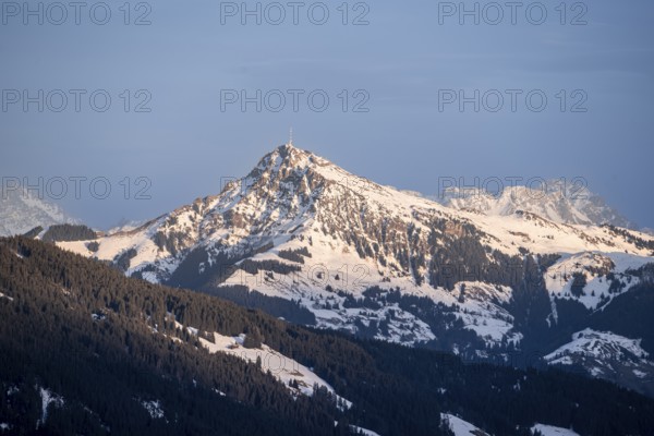 Summit of the Kitzbühler Horn in the evening light in winter, Hochbrixen, Brixen im Thale, Tyrol, Austria
