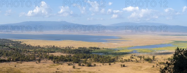 View of savanna landscape and lakes in the Ngorongoro Crater from the crater rim in the evening light, Ngorongoro Conservation Area, Tanzania
