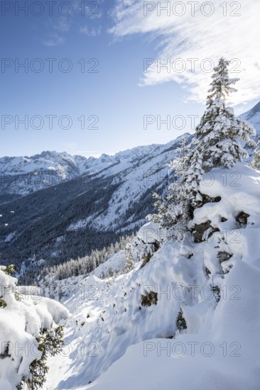 View over snow-covered side valley towards Reintal, snowy mountain landscape, ascent to Längenfelderkopf, Wetterstein Mountains, Garmisch-Partenkirchen, Bavaria, Germany