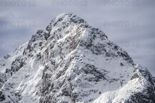 View of snowy Waxenstein summit, in winter, Wetterstein Mountains, Garmisch-Partenkirchen, Bavaria, Germany