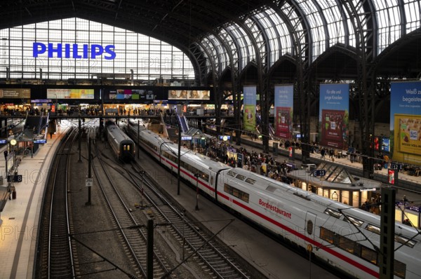 Interior view, on-board restaurant of an ICE, Intercity Express, RE, Regional Express, trains, tracks, Philipps, logo, advertising, advertising, Ritter Sport chocolate, platform, travelers, main station, Free and Hanseatic City of Hamburg, Germany
