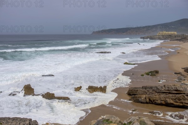 Praia da Cresmina, in the background Fortaleza do Guincho, now a 5-star hotel, Portugal