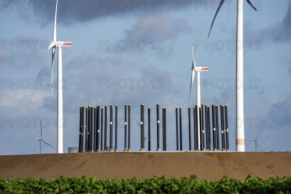 Construction site of the new Bedburg 3 wind farm, on recultivated open-cast mining site, 9 wind power plants with an output of 60 megawatts are being built, finished foundation on which the wind turbine tower is then built, operated by RWE and the city of Bedburg, North Rhine-Westphalia, Germany