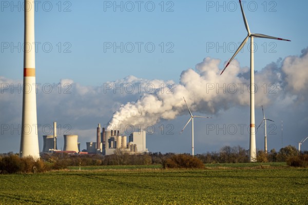 The RWE brown coal power plant in Neurath, wind farm, Rhenish lignite mining district of North Rhine-Westphalia, Germany