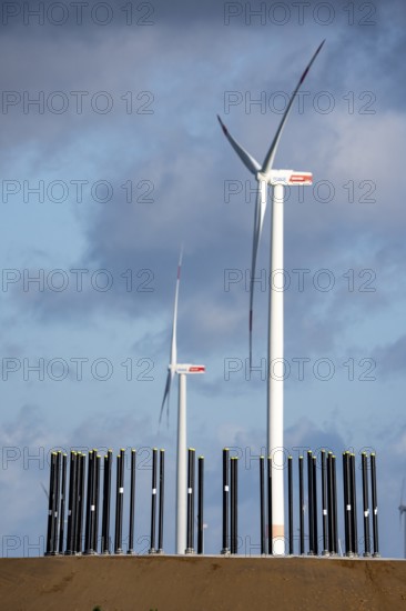 Construction site of the new Bedburg 3 wind farm, on recultivated open-cast mining site, 9 wind power plants with an output of 60 megawatts are being built, finished foundation on which the wind turbine tower is then built, operated by RWE and the city of Bedburg, North Rhine-Westphalia, Germany