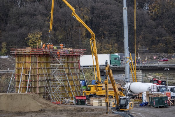 Concreting of a new bridge pillar at the Duisburg-Kaiserberg motorway junction, complete conversion and construction of the A3 and A40 intersections, all bridges, ramps, roadways are renewed and in part extended, construction period of 8 years, railway bridges running there will also be renewed, North Rhine-Westphalia, Germany