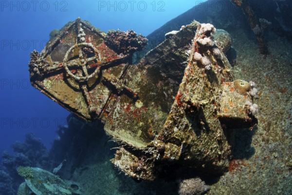 Open hatch on ship deck, MS Khanka, also known as Russian wreck, named SSV (Sudno Svyazyy) on the hull former Russian spy ship or communication ship, shipwreck, Zabargad island, Red Sea, Egypt