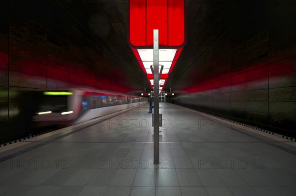HafenCity University underground station, illuminated in color, red, underground train, movement effect, U4, platform, stop, train station, subway, public transport, HVV, Hamburger Verkehrsverbund, Hochbahn, public transport, Free and Hanseatic City of Hamburg, Germany