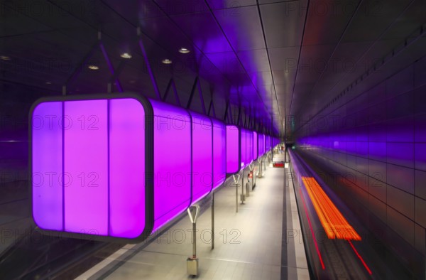 HafenCity University underground station, illuminated in color, magenta, underground train, motion effect, long exposure, light trails, U4, empty, platform, stop, train station, subway, public transport, HVV, Hamburger Verkehrsverbund, Hochbahn, local transport, Free and Hanseatic City of Hamburg, Germany