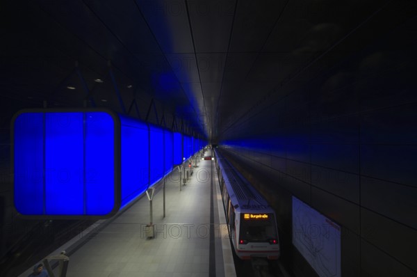 HafenCity University subway station, illuminated in color, blue, underground train, U4, travelers, platform, stop, train station, subway, public transport, HVV, Hamburger Verkehrsverbund, Hochbahn, local transport, Free and Hanseatic City of Hamburg, Germany
