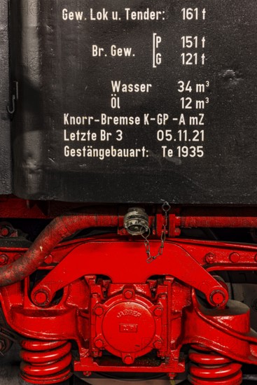 Technical data and suspension of a historic steam locomotive owned by the Free State of Bavaria, Eisenbahnmuseum, Augsburg railway park, administrative district of Swabia, Bavaria, Germany