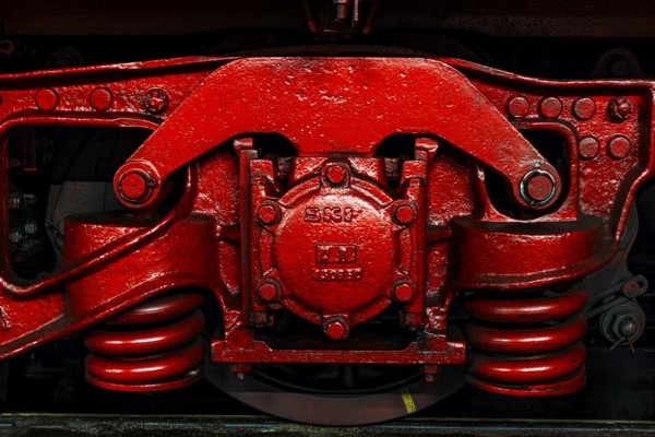 Suspension of a historic steam locomotive owned by the Free State of Bavaria, Eisenbahnmuseum, Augsburg railway park, administrative district of Swabia, Bavaria, Germany