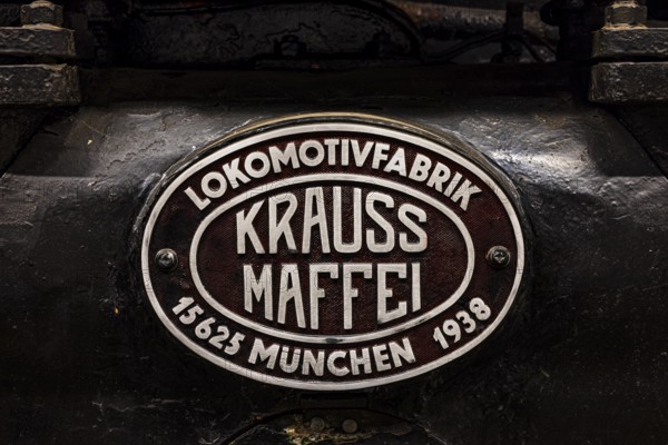 Name plate of the former locomotive factory, Kraus Maffei from Munich on a historic locomotive with the number 15 626, built in 1938, railway museum, Augsburg railway park, administrative district of Swabia, Bavaria, Germany