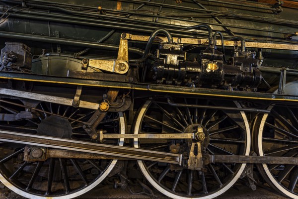 Wheelwork of the legendary French locomotive La France, operating number 231.K 22, railway museum, Augsburg railway park, administrative district of Swabia, Bavaria, Germany