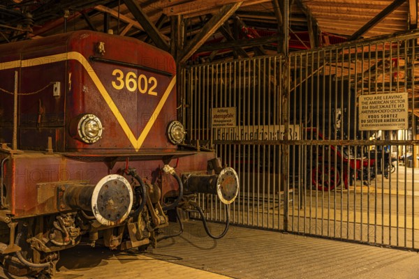 Historic electric locomotive 3602 of the 1st generation, replica of the former border crossing in Berlin Friedrichstraße, Eisenbahnmuseum, Augsburg railway park, administrative district of Swabia, Bavaria, Germany