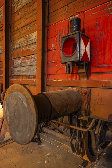 Historic freight car with buffer and tail light, railway museum, Augsburg railway park, administrative district of Swabia, Bavaria, Germany