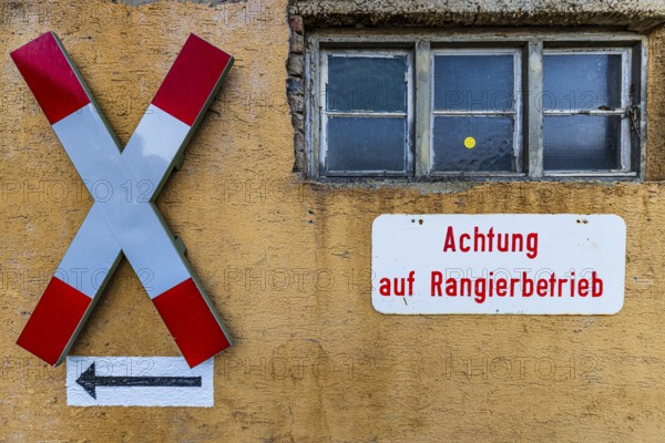 St. Andrew's cross and sign on marshalling, Augsburg railway park, Regierungsbezirk Swabia, Bavaria, Germany