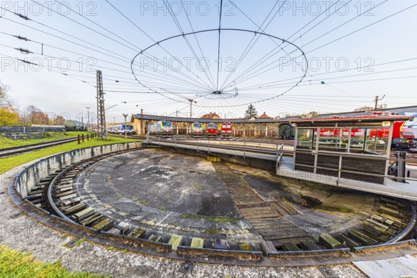 Turntable with overhead line spider, Augsburg railway park, administrative district of Swabia, Bavaria, Germany