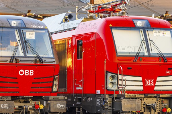Modern locomotives of the Austrian Federal Railways, ÖBB, and Deutsche Bahn, DB, Augsburg railway park, administrative district of Swabia, Bavaria, Germany