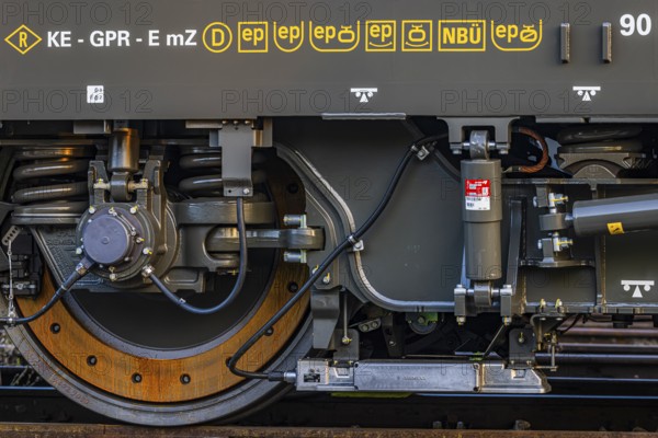 Braking system of a modern railroad locomotive, Augsburg railway park, administrative district of Swabia, Bavaria, Germany