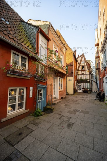 Colourful houses with shops and half-timbered houses in a small alley, picturesque district with nice little houses, Schnoorviertel, Bremen, Germany