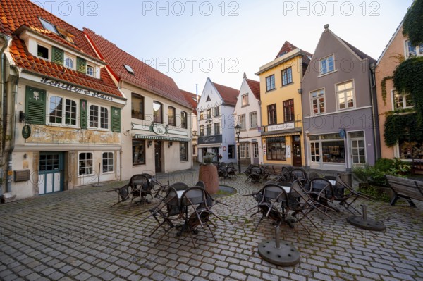 Colourful houses in one square, picturesque district with nice little houses, Schnoorviertel, Bremen, Germany
