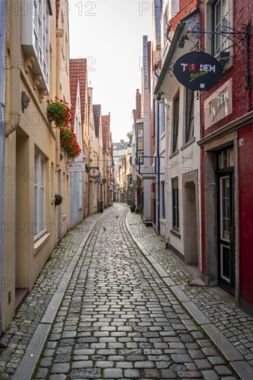 Colourful houses with shops in a small alley, picturesque district with nice little houses, Schnoorviertel, Bremen, Germany