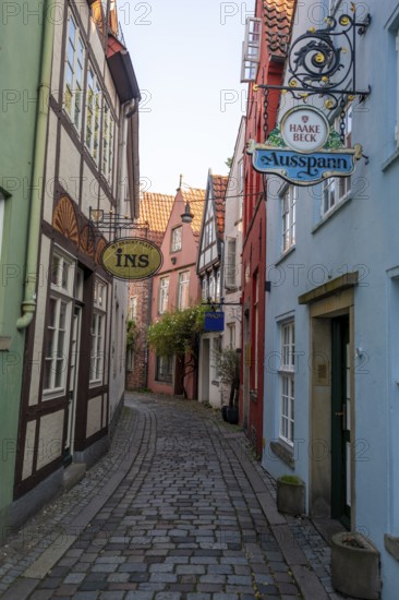 Colourful houses with shops and restaurants, half-timbered houses in a small alley, picturesque district with nice little houses, Schnoor quarter in the morning light, Bremen, Germany