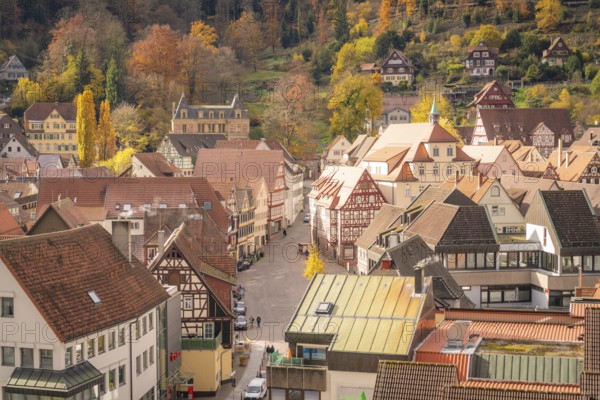 View of an old town with half-timbered houses and autumn trees in the area, Calw, Black Forest, Germany
