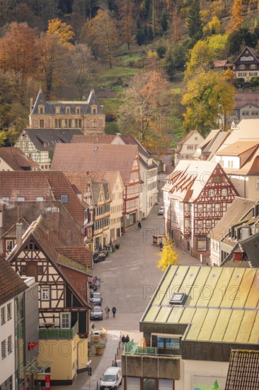 Narrow streets and half-timbered houses in an old town surrounded by autumnal nature, Calw, Black Forest, Germany