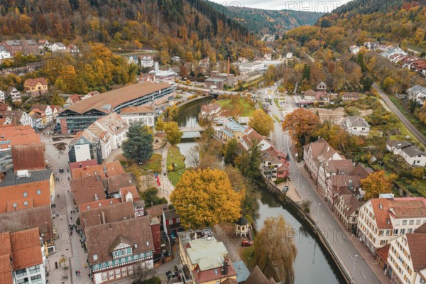 Overview of the city and river with bridges and autumn trees as well as half-timbered houses, Calw, Black Forest, Germany