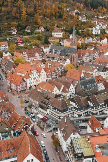 Picturesque city view in autumn with half-timbered houses and church in the middle, Calw, Black Forest, Germany