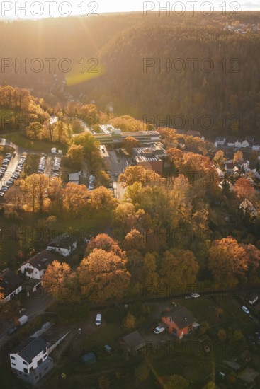 Aerial view of an autumn scene in evening light with trees, Calw, Black Forest, Germany
